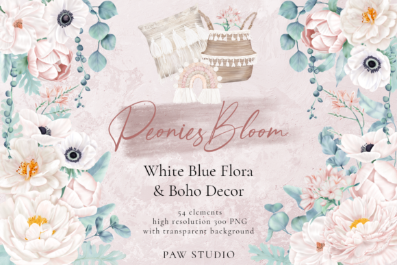 Boho White Peonies Flowers Home Clipart for Creative Workflows