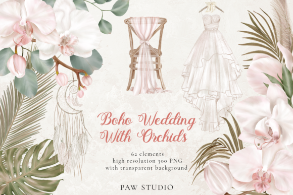 Orchid Boho Wedding Dry Leaves Clipart