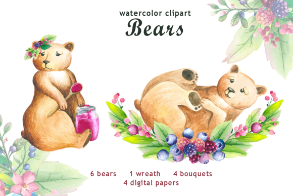 Watercolor Bear Clipart. Forest Clipart